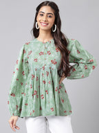 Indian Clothing Janasya Women's Green Cotton Floral Printed Casual Peplum Top | Grocsy