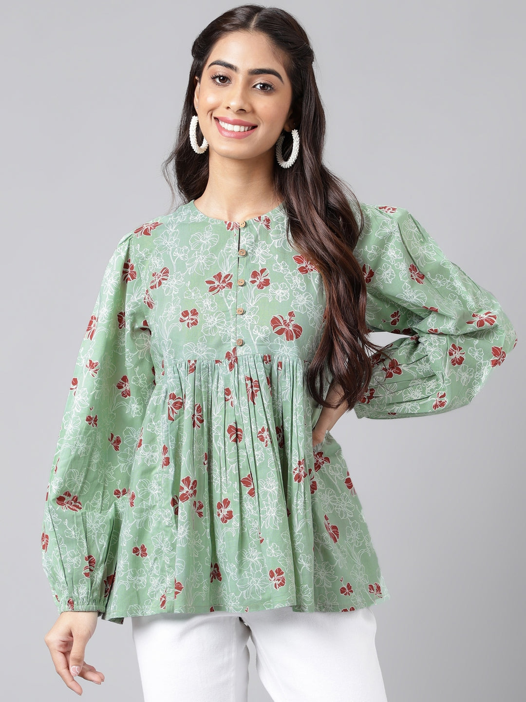 Indian Clothing Janasya Women's Green Cotton Floral Printed Casual Peplum Top | Grocsy