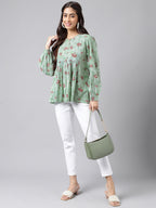 Indian Clothing Janasya Women's Green Cotton Floral Printed Casual Peplum Top | Grocsy