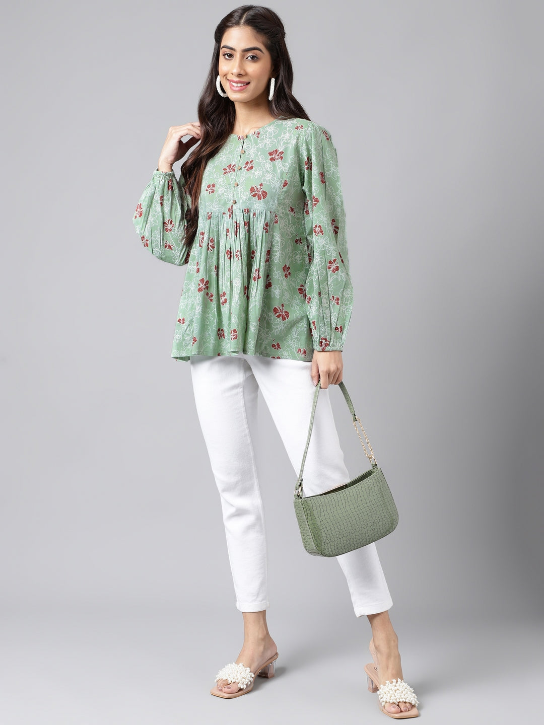 Indian Clothing Janasya Women's Green Cotton Floral Printed Casual Peplum Top | Grocsy