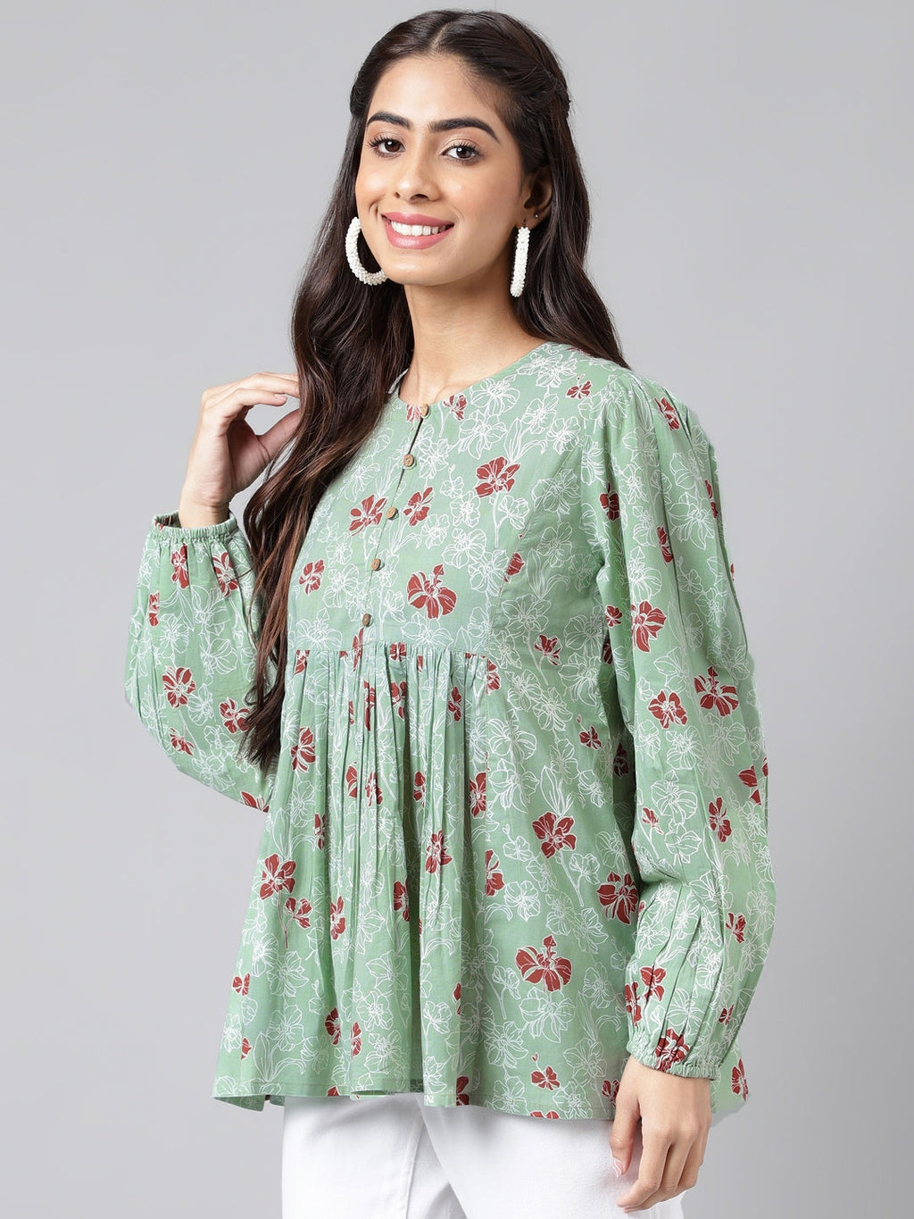 Indian Clothing Janasya Women's Green Cotton Floral Printed Casual Peplum Top | Grocsy