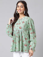 Indian Clothing Janasya Women's Green Cotton Floral Printed Casual Peplum Top | Grocsy