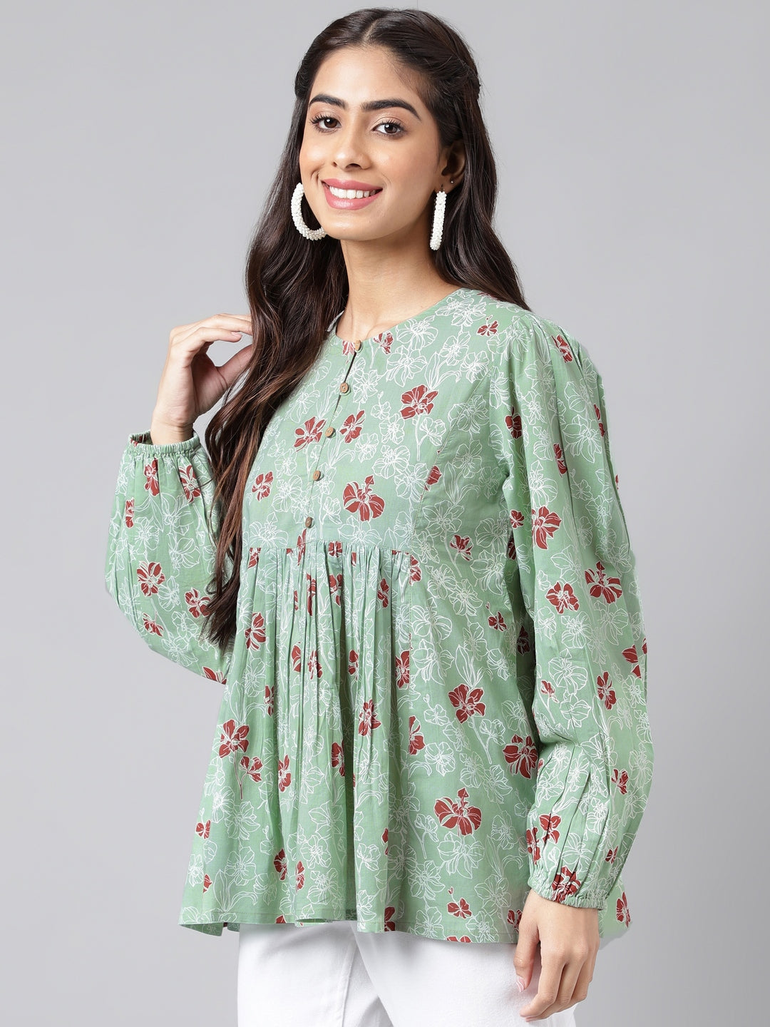 Indian Clothing Janasya Women's Green Cotton Floral Printed Casual Peplum Top | Grocsy