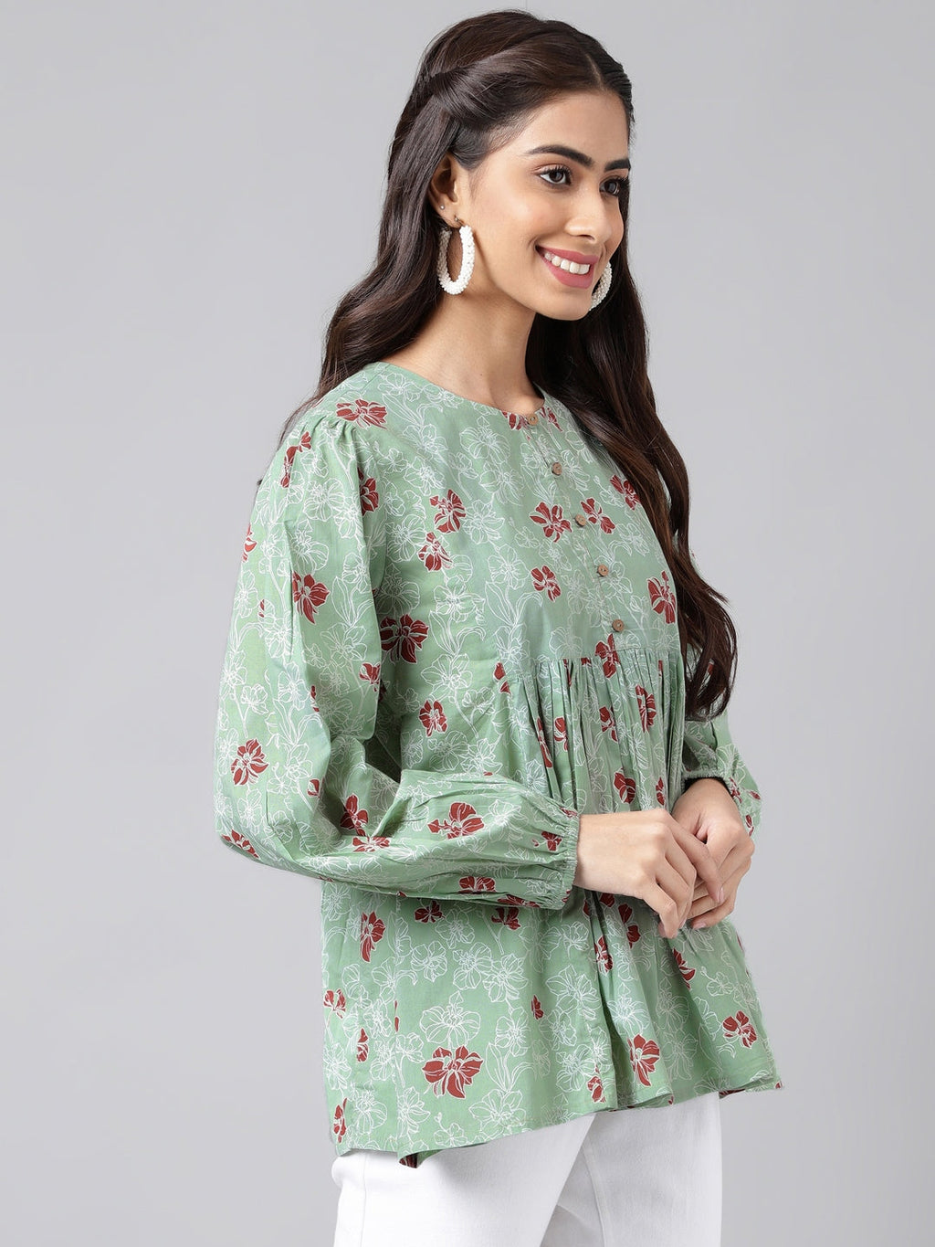 Indian Clothing Janasya Women's Green Cotton Floral Printed Casual Peplum Top | Grocsy