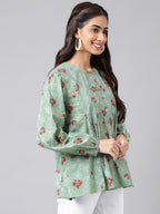Indian Clothing Janasya Women's Green Cotton Floral Printed Casual Peplum Top | Grocsy
