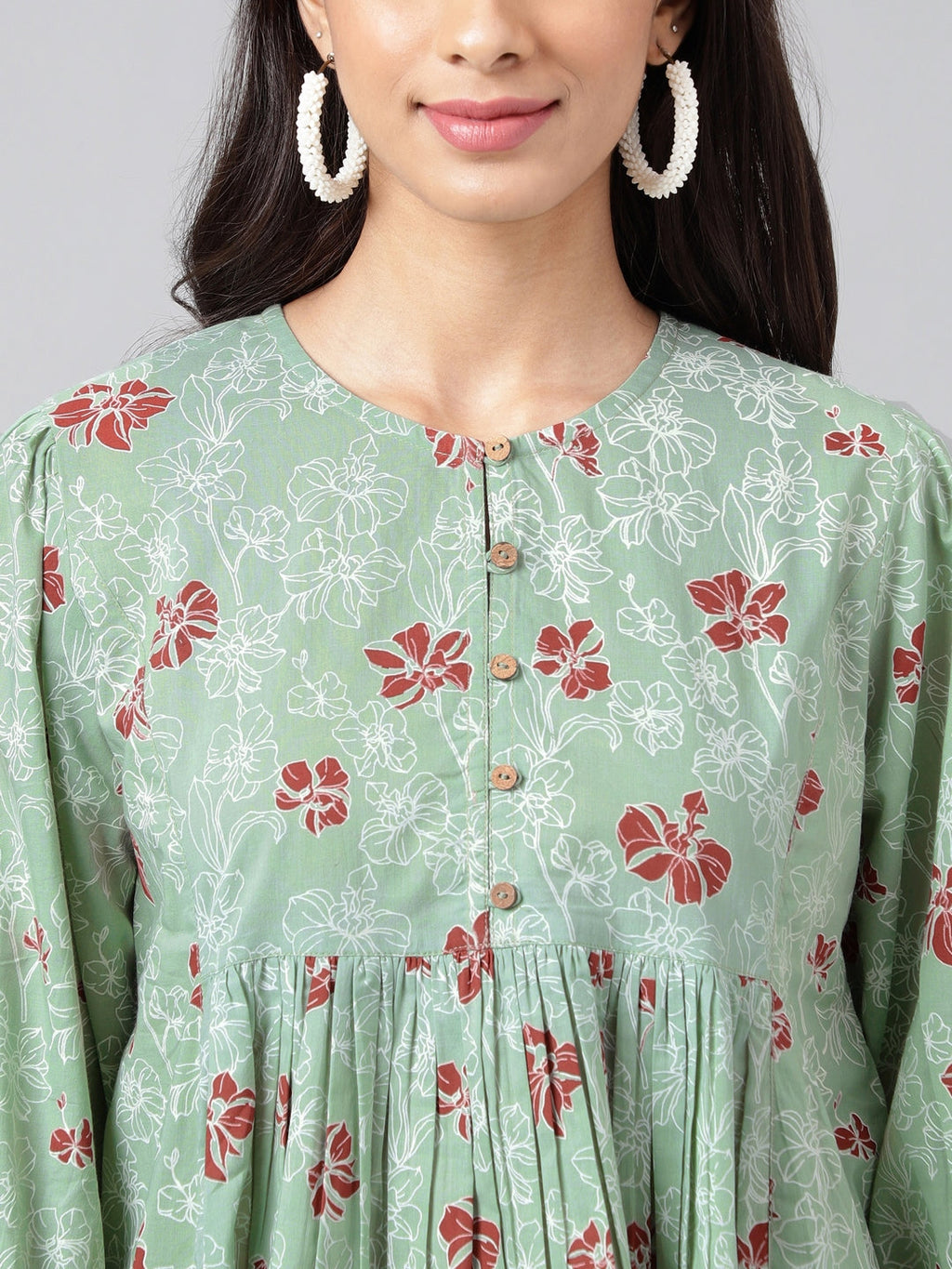 Indian Clothing Janasya Women's Green Cotton Floral Printed Casual Peplum Top | Grocsy