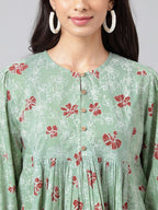 Indian Clothing Janasya Women's Green Cotton Floral Printed Casual Peplum Top | Grocsy
