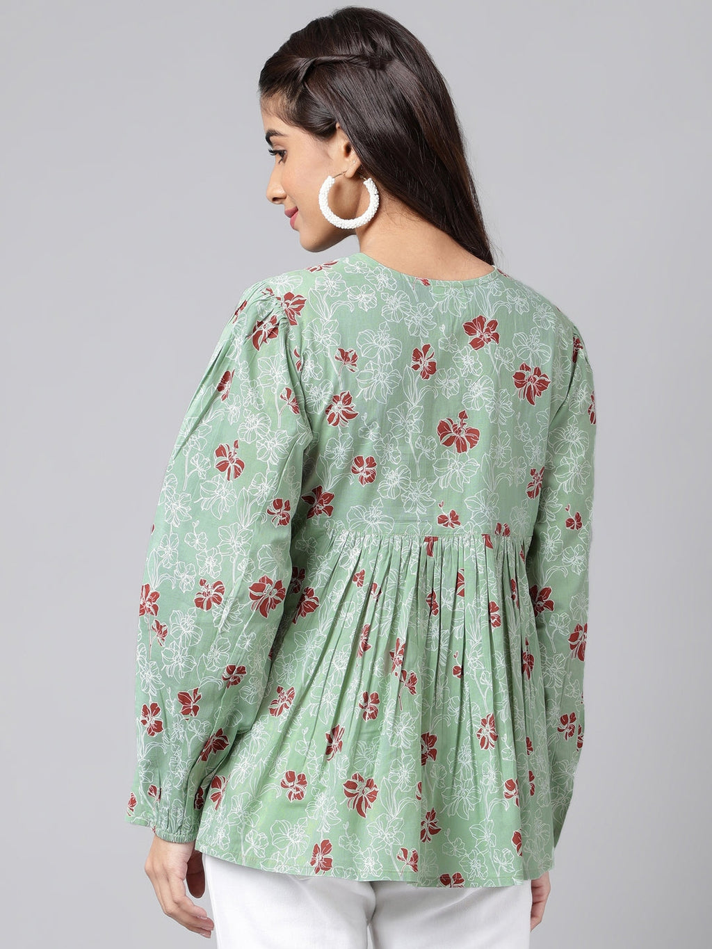 Indian Clothing Janasya Women's Green Cotton Floral Printed Casual Peplum Top | Grocsy