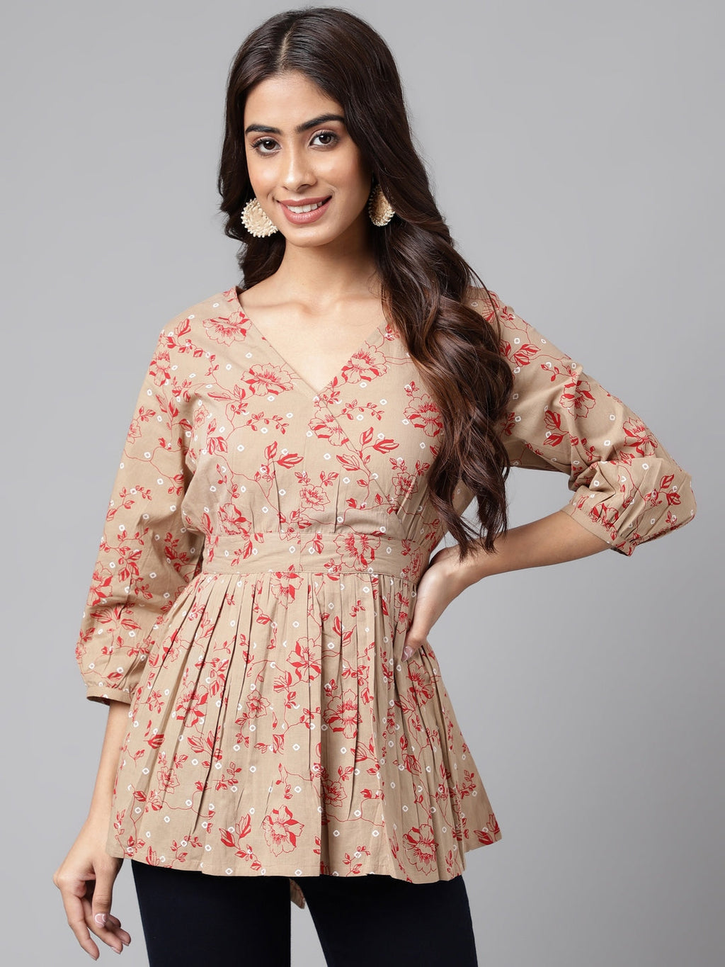 Janasya Women's Brown Cotton Botanical Printed Casual Peplum Top | Grocsy