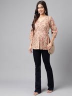 Janasya Women's Brown Cotton Botanical Printed Casual Peplum Top | Grocsy
