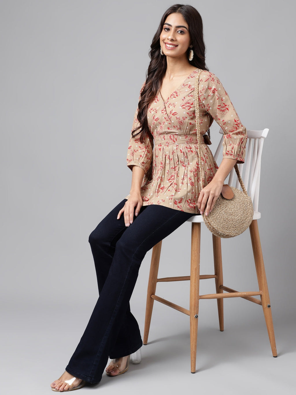 Janasya Women's Brown Cotton Botanical Printed Casual Peplum Top | Grocsy