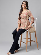 Janasya Women's Brown Cotton Botanical Printed Casual Peplum Top | Grocsy
