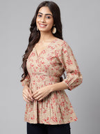 Janasya Women's Brown Cotton Botanical Printed Casual Peplum Top | Grocsy