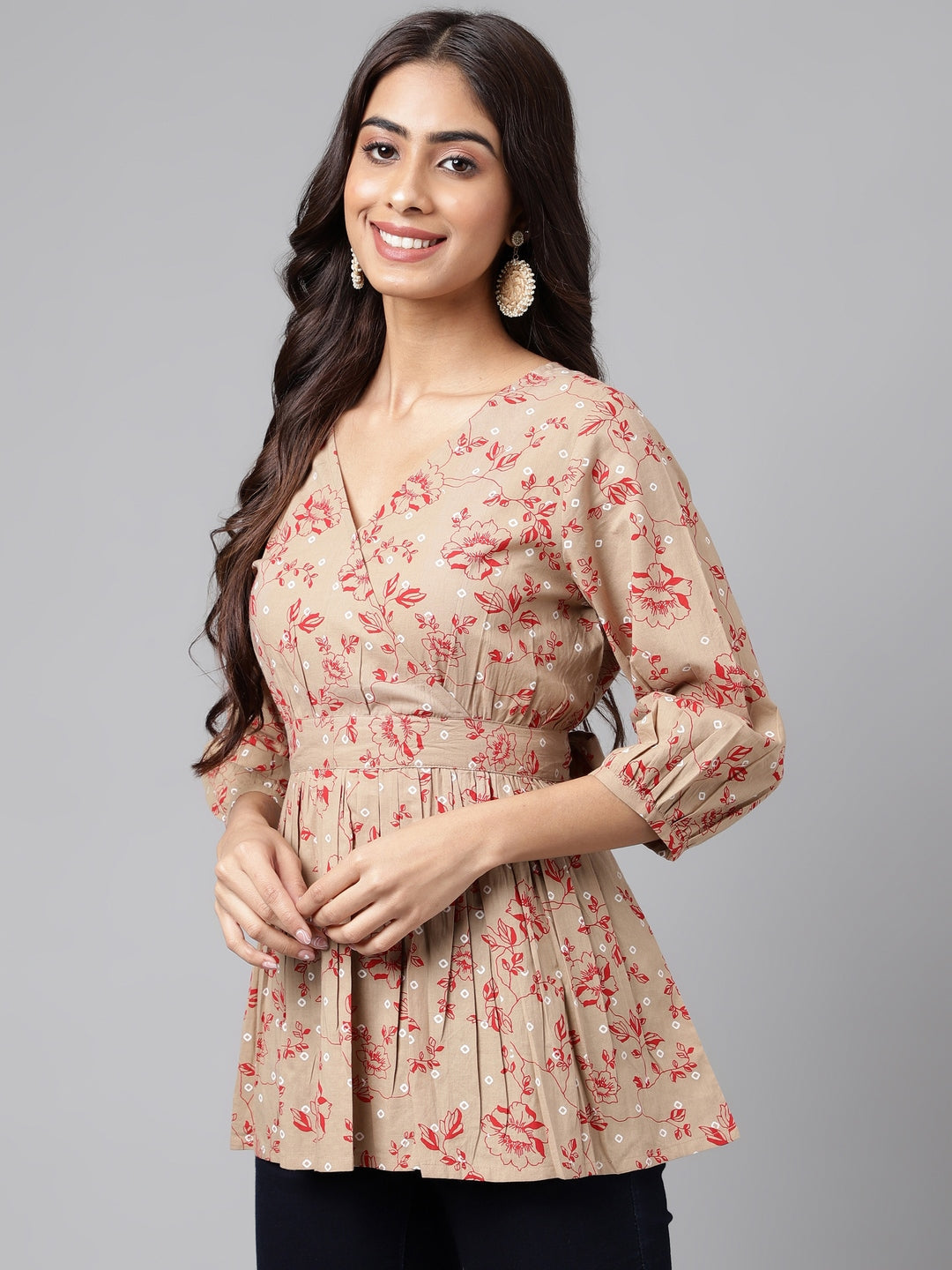 Janasya Women's Brown Cotton Botanical Printed Casual Peplum Top | Grocsy