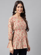 Janasya Women's Brown Cotton Botanical Printed Casual Peplum Top | Grocsy