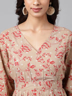 Janasya Women's Brown Cotton Botanical Printed Casual Peplum Top | Grocsy