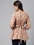 Janasya Women's Brown Cotton Botanical Printed Casual Peplum Top | Grocsy
