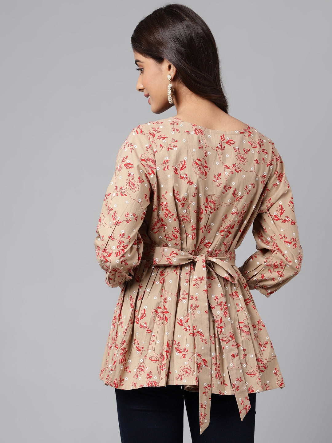 Janasya Women's Brown Cotton Botanical Printed Casual Peplum Top | Grocsy
