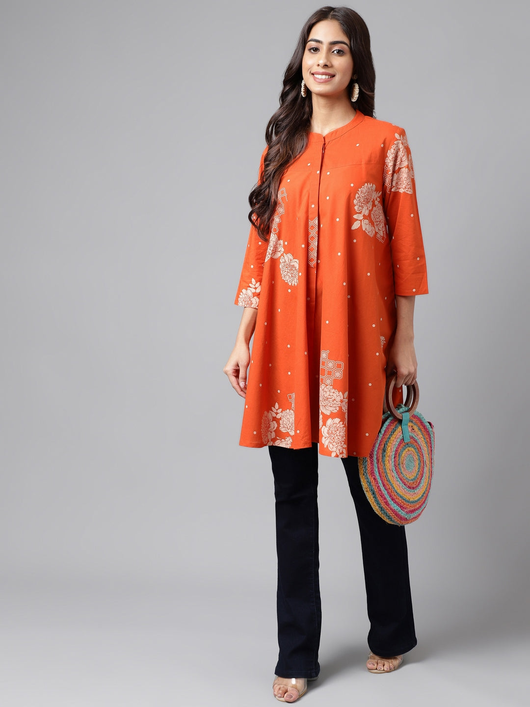 Janasya Women's Orange Cotton Floral Printed Casual Flared Tunic | Grocsy