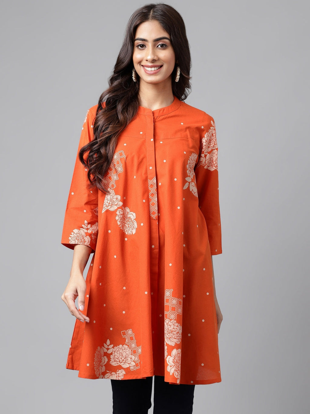 Janasya Women's Orange Cotton Floral Printed Casual Flared Tunic | Grocsy