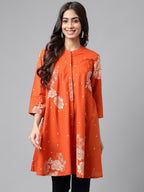 Janasya Women's Orange Cotton Floral Printed Casual Flared Tunic | Grocsy