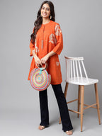 Janasya Women's Orange Cotton Floral Printed Casual Flared Tunic | Grocsy