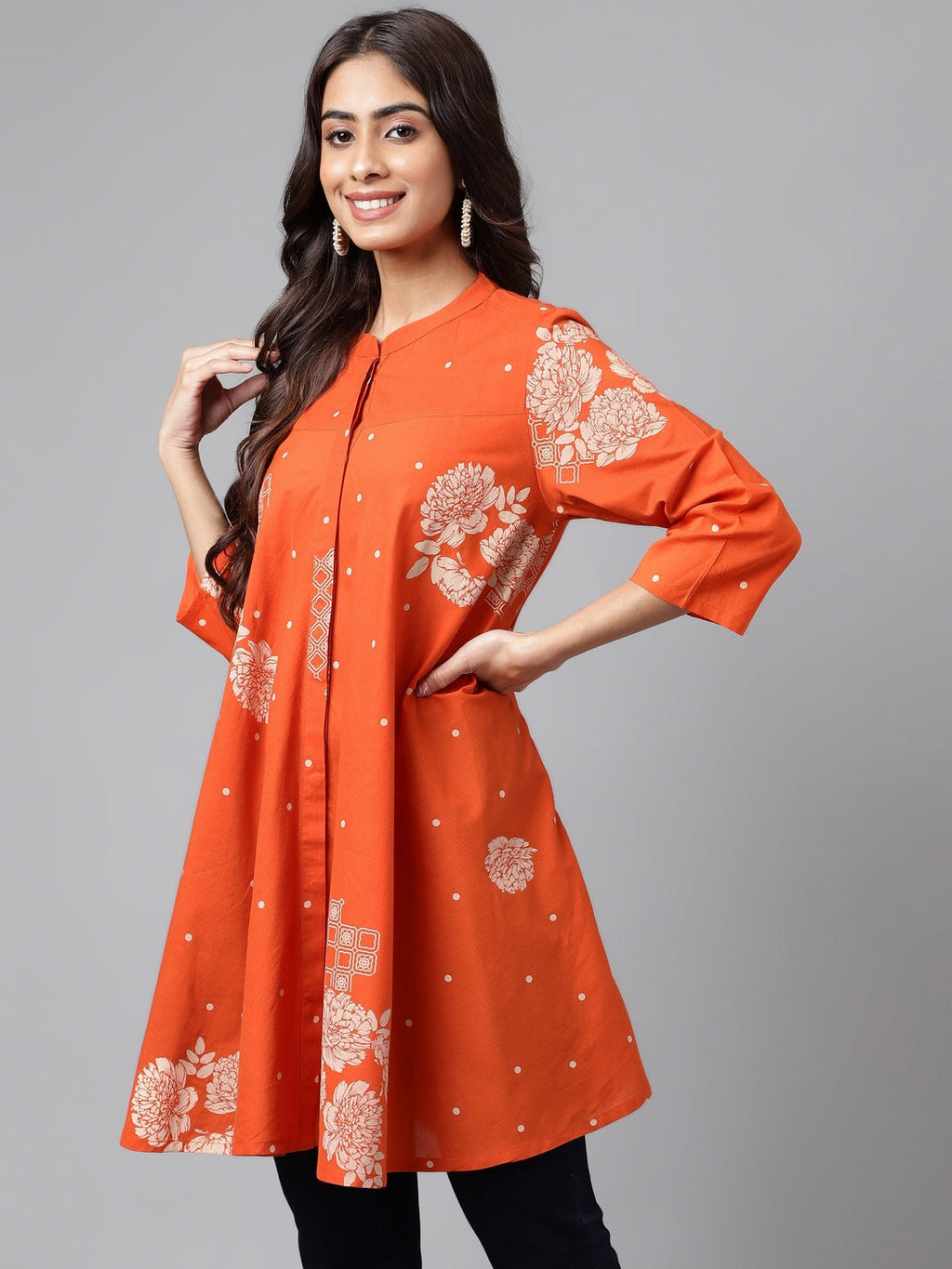 Janasya Women's Orange Cotton Floral Printed Casual Flared Tunic | Grocsy