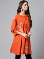Janasya Women's Orange Cotton Floral Printed Casual Flared Tunic | Grocsy