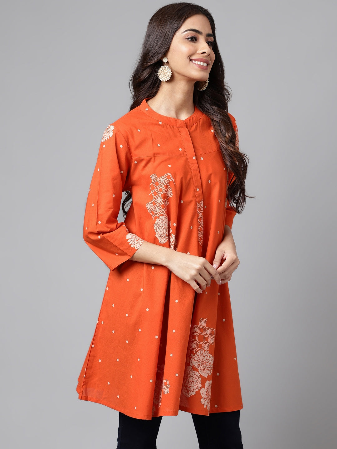 Janasya Women's Orange Cotton Floral Printed Casual Flared Tunic | Grocsy