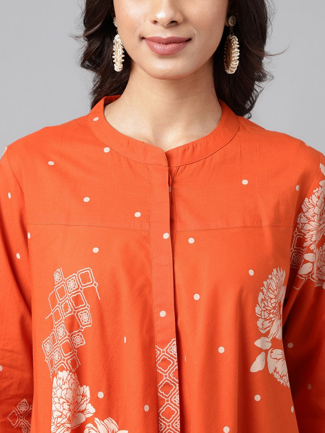 Janasya Women's Orange Cotton Floral Printed Casual Flared Tunic | Grocsy