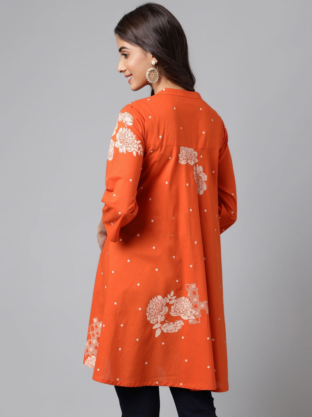 Janasya Women's Orange Cotton Floral Printed Casual Flared Tunic | Grocsy
