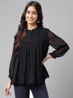 Janasya Women's Black Dobby Chiffon Solid Casual Empire Top | Grocsy