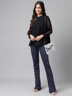 Janasya Women's Black Dobby Chiffon Solid Casual Empire Top | Grocsy