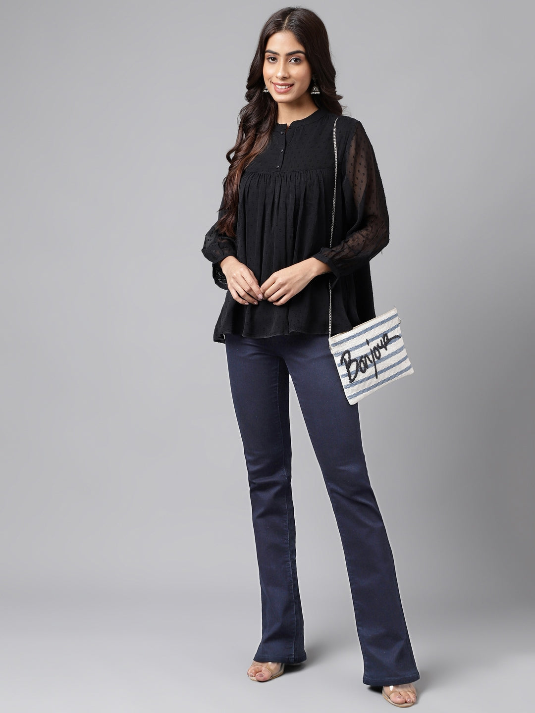 Janasya Women's Black Dobby Chiffon Solid Casual Empire Top | Grocsy