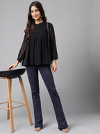 Janasya Women's Black Dobby Chiffon Solid Casual Empire Top | Grocsy