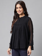 Janasya Women's Black Dobby Chiffon Solid Casual Empire Top | Grocsy