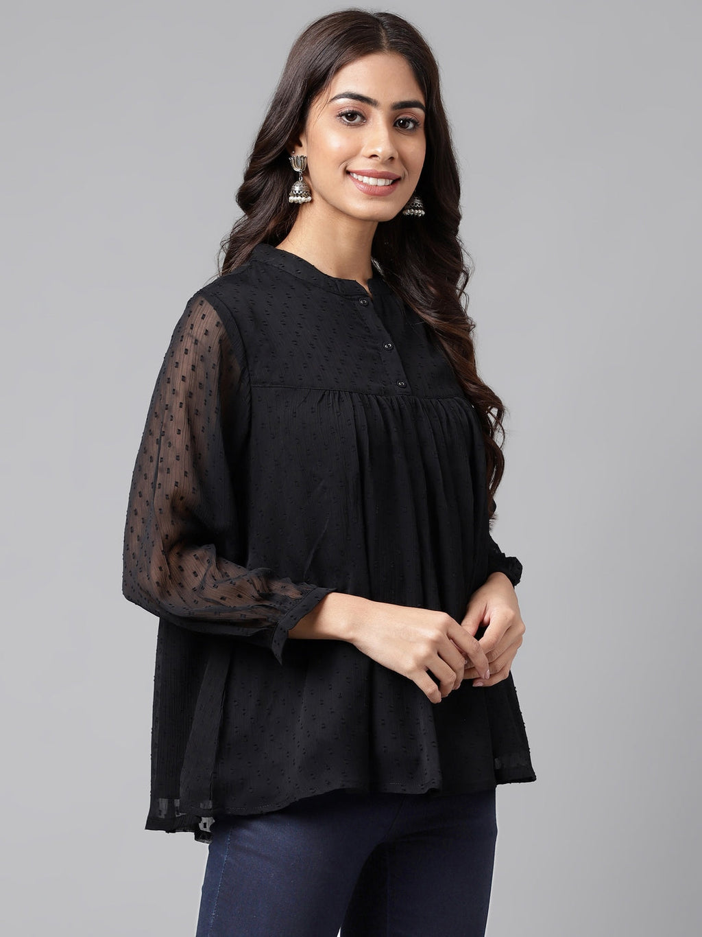 Janasya Women's Black Dobby Chiffon Solid Casual Empire Top | Grocsy