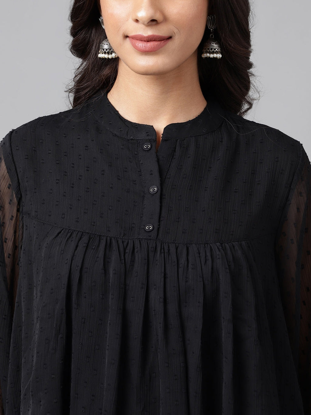 Janasya Women's Black Dobby Chiffon Solid Casual Empire Top | Grocsy