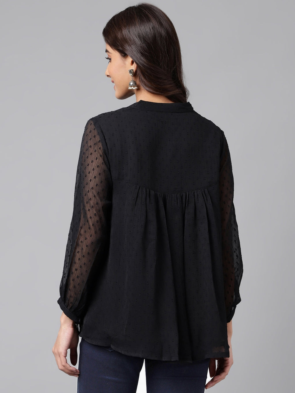 Janasya Women's Black Dobby Chiffon Solid Casual Empire Top | Grocsy