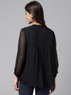 Janasya Women's Black Dobby Chiffon Solid Casual Empire Top | Grocsy