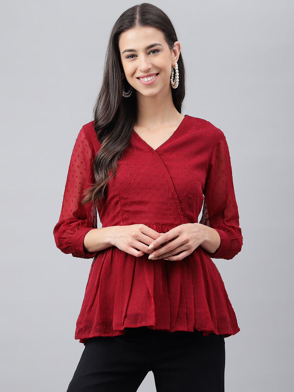 Janasya Women's Maroon Dobby Chiffon Solid Casual Peplum Top | Grocsy