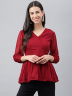 Janasya Women's Maroon Dobby Chiffon Solid Casual Peplum Top | Grocsy