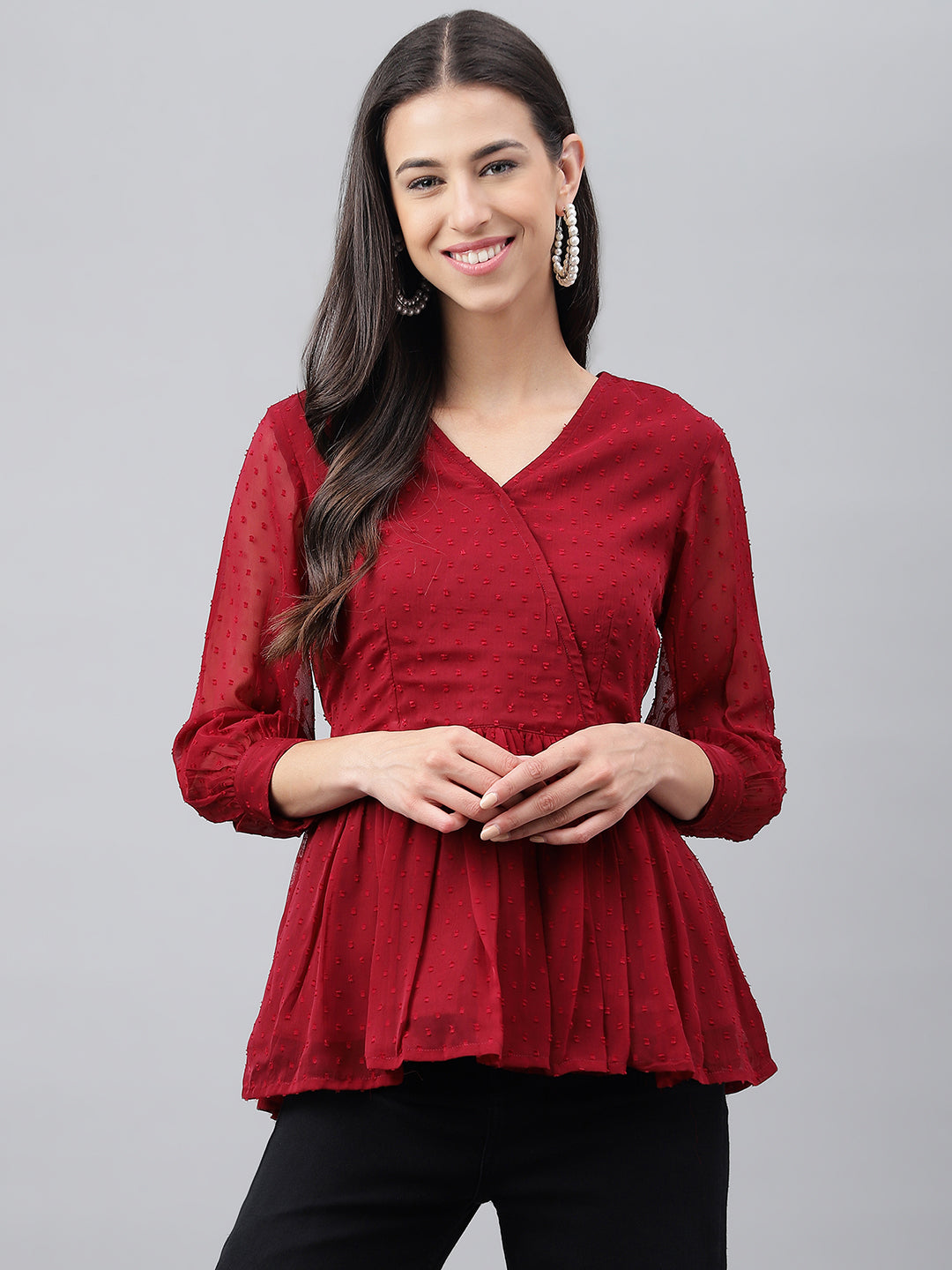 Janasya Women's Maroon Dobby Chiffon Solid Casual Peplum Top | Grocsy
