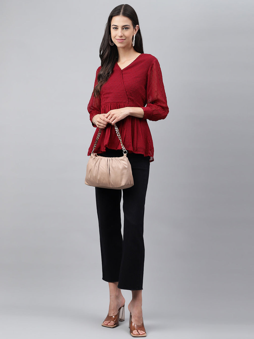 Janasya Women's Maroon Dobby Chiffon Solid Casual Peplum Top | Grocsy
