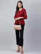 Janasya Women's Maroon Dobby Chiffon Solid Casual Peplum Top | Grocsy