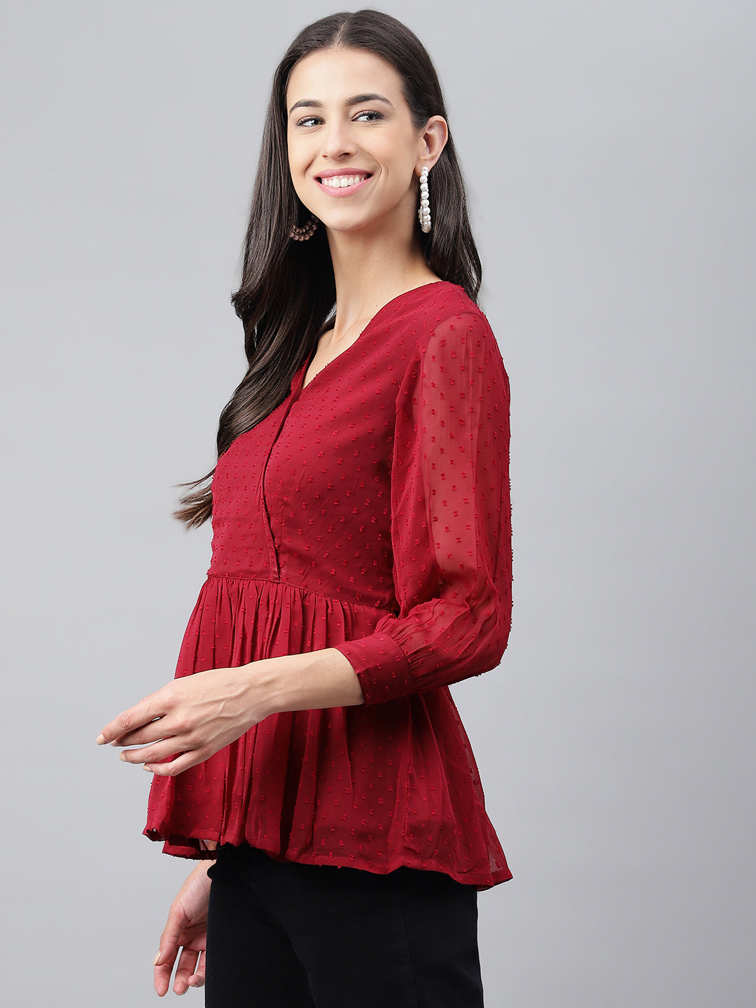 Janasya Women's Maroon Dobby Chiffon Solid Casual Peplum Top | Grocsy