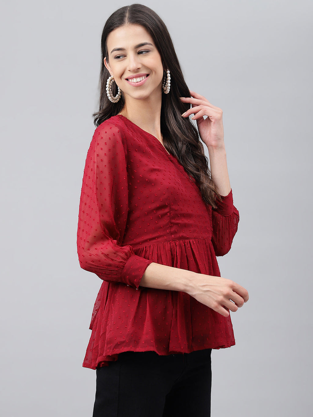 Janasya Women's Maroon Dobby Chiffon Solid Casual Peplum Top | Grocsy