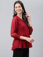 Janasya Women's Maroon Dobby Chiffon Solid Casual Peplum Top | Grocsy