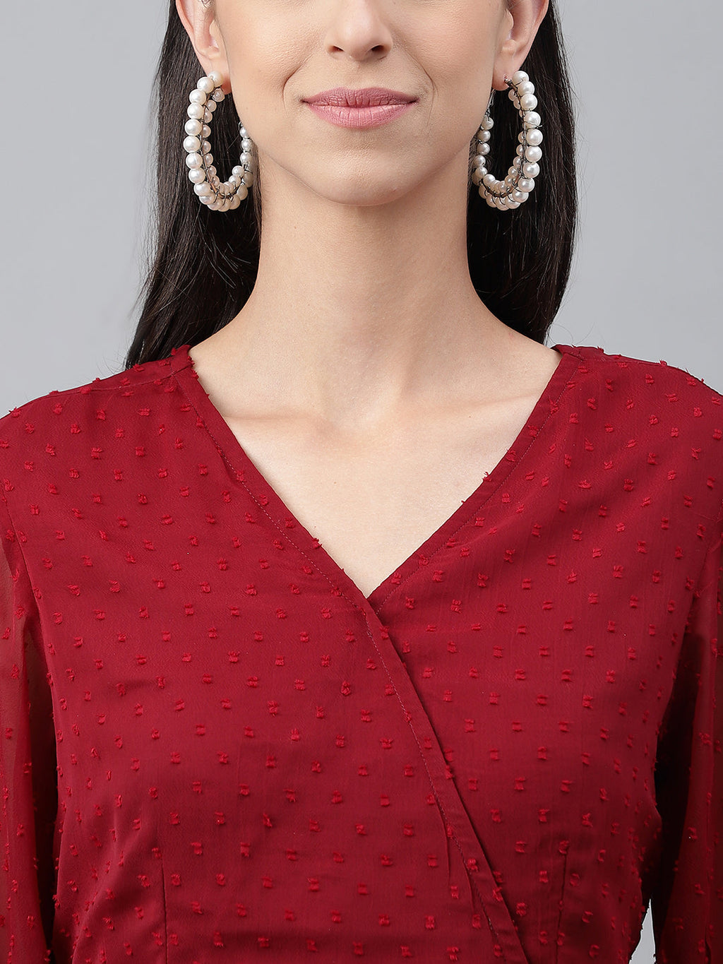 Janasya Women's Maroon Dobby Chiffon Solid Casual Peplum Top | Grocsy