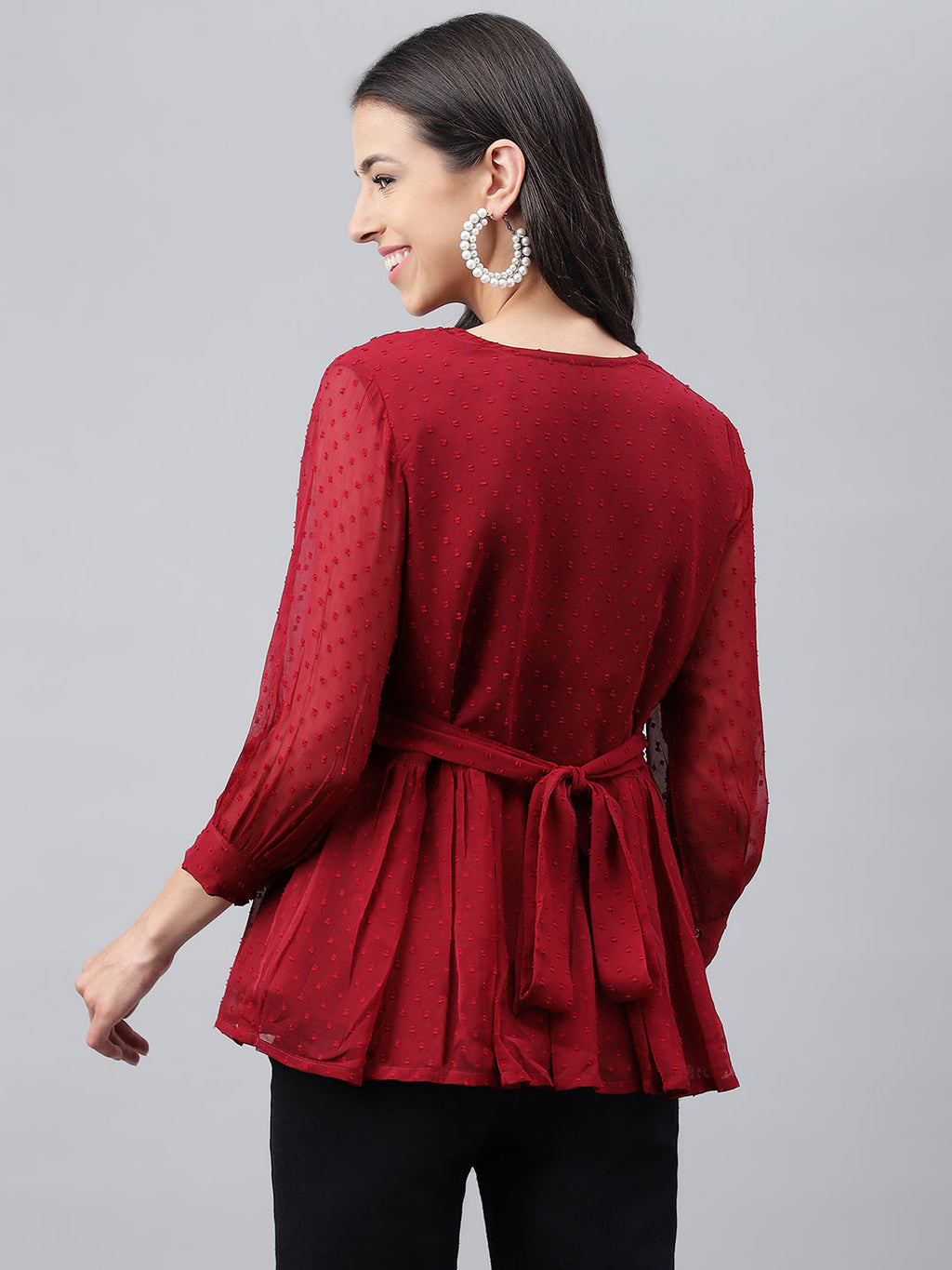 Janasya Women's Maroon Dobby Chiffon Solid Casual Peplum Top | Grocsy